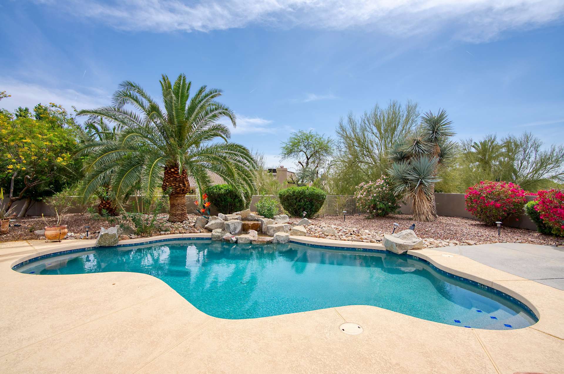 6 of 65. Dive into serenity in a sparkling pool nestled among palms, flowering shrubs, and natural stone accents. This reimagined backyard oasis blends luxury and relaxation with stunning Arizona surroundings.