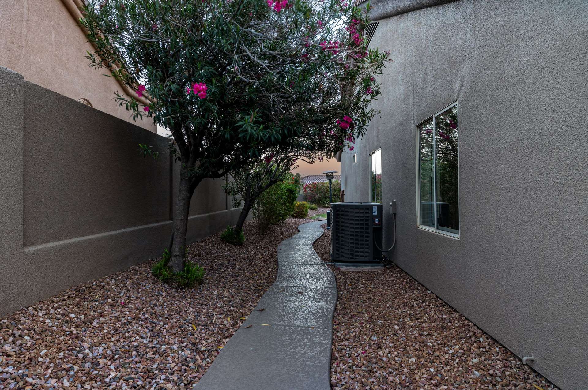 63 of 65. Nestled between the home and privacy walls, this side yard features mature trees, desert landscaping, and a winding path ideal for extra storage, gardening, or discreet access to the backyard.