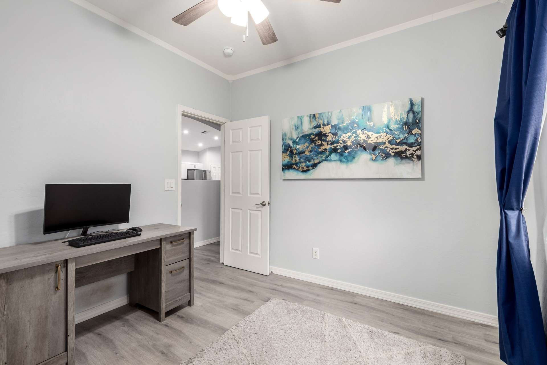 25 of 37. This clean, organized workspace features a compact desk and thoughtful layout. It s ideal for digital professionals or students seeking a distraction-free zone with smart storage nearby.
