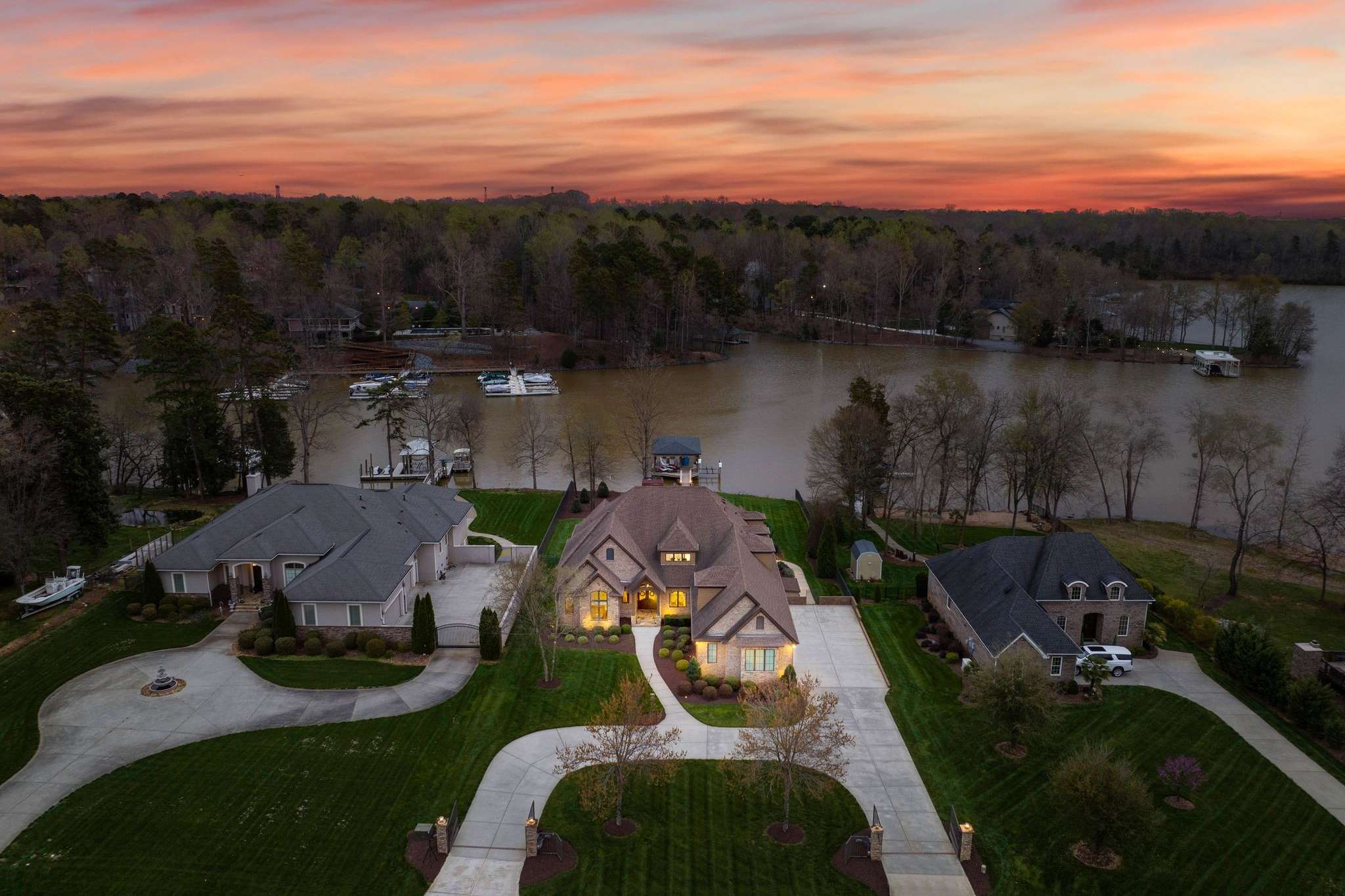 6 of 79. Exterior Twilight Photo overhead drone of 846 Armstrong Dr, showing waterfront property access