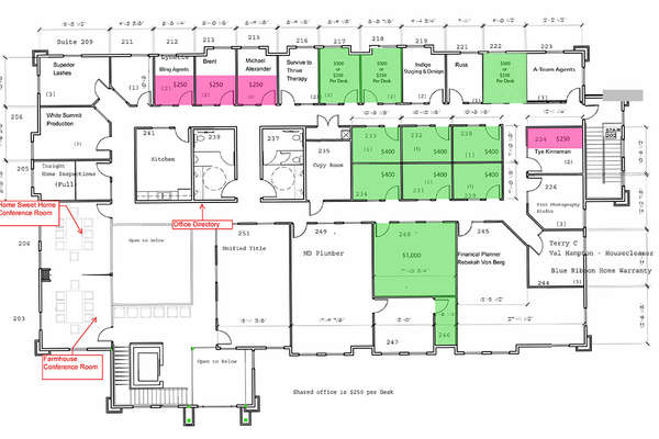2nd floor floor plan showing the suites available.