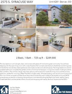 Printable PDF flyer of 2575 S. Syracuse Way, K201. 4 Photos & Short Description