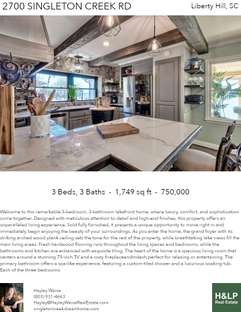 Printable PDF flyer of 2700 Singleton Creek Rd. Main Photo & Short Description