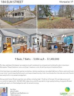 Printable PDF flyer of 184 Elm Street. 4 Photos & Short Description