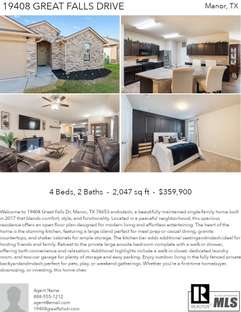 Printable PDF flyer of 19408 Great Falls Drive. 4 Photos & Short Description